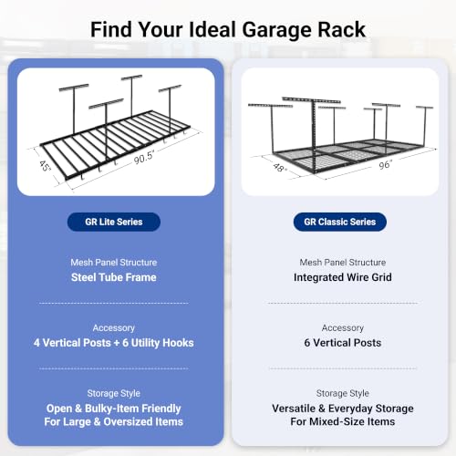 Image of FLEXIMOUNTS 4x8 Overhead Garage Ceiling Storage Rack with 6 Hooks, Black