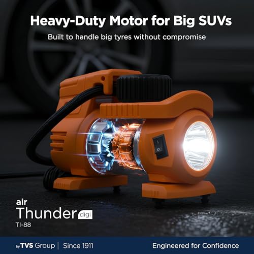 Image of myTVS Air Thunder Digi Tyre Inflator for Car and Bike with LED Torch (100 PSI, Auto Stop, Digital Meter, Durable Metal Body, 3m Cord) | Air Pump for Car Tyre Inflator Pump TI-88, 1+1 Years Warranty