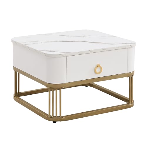 ModernLuxe 2-in-1 MDF Coffee Tables for Living Room, Square Coffee Table with High Gloss Marble Exterior, Gold Accents, Side Table with Drawer, Modern Nest of Tables for Saving Space, White - Image 9
