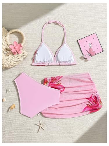 Milumia Girl's 3 Piece Swimsuit Floral Print Halter Bikini Set with Mesh Beach Skirts2