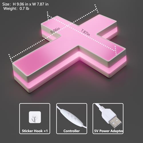 Image of Anrookie 3D LED Neon Cross Sign 9 x 8 in, USB-Powered Custom Neon Light with 5-Level Dimmer, 5 Color Options, Decorative Wall Art for Home, Bedroom, Church, Party, and Gifts (Blush Pink)