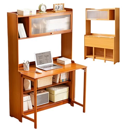 Escritorio plegable con estantería, escritorio compacto para computadora para oficina en casa, estación de trabajo de madera de bambú para estudio y espacio de trabajo estudiantil