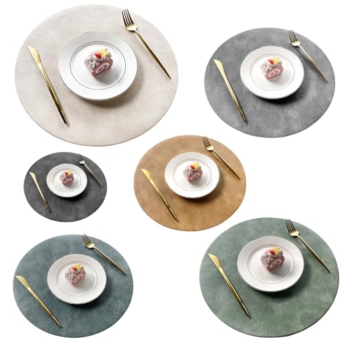 Image of UnivoColors Placemats Round Faux Leather Placemats Set of 6-Waterproof-Wipe Clean-Heat Resistant-Anti Slip Dining Table Place Mats,15 inch.(Dark Gray+Blue Grey+Grey+Camel+Beige+Green)