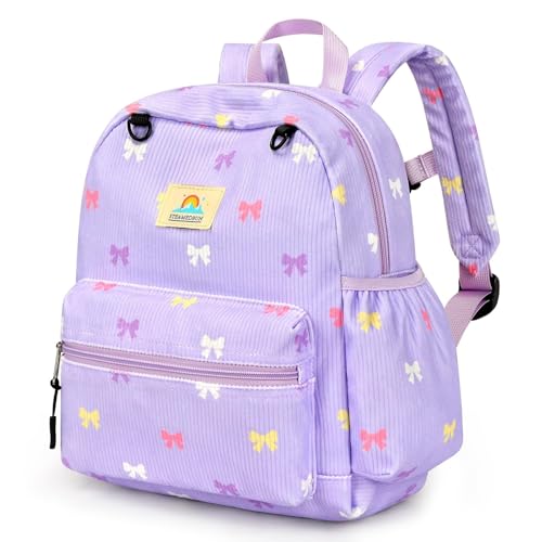 Image of STEAMEDBUN Corduroy Toddler Backpack for Girls 2-4: Kids backpack for Girls - 12 inch Preschool Kindergarten Backpacks - Purple Bow