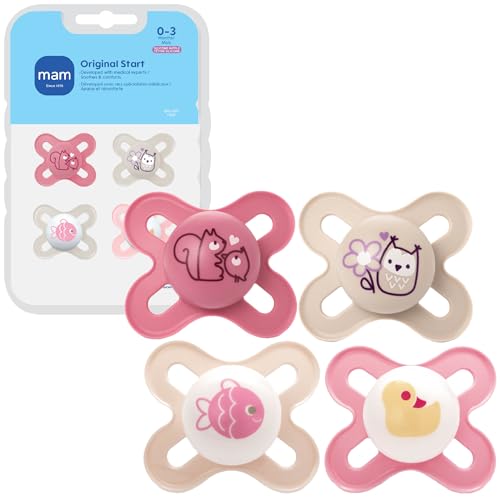 Image of MAM Original Start Baby Pacifiers 0-3 Months, BPA-Free Skin Soft Silicone Nipple, Glows in The Dark, Developed with Medical Experts Specially for Smaller Newborn Mouths, 4 Pk, Made in Europe