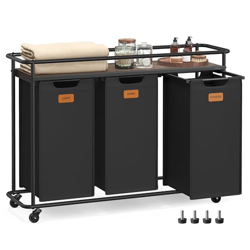 VASAGLE Wäschesammler mit Rollen, Wäschekorb 3 Fächer, 150 L...