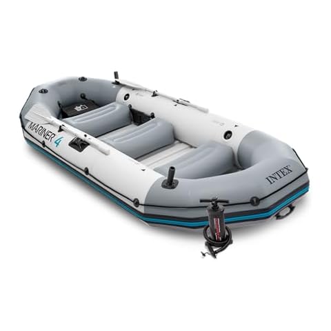 INTEX 68376EP Mariner 4 Inflatable Boat Set: Includes Deluxe 54in Boat Oars and High-Output Pump – Wear-Resistant Keel – Removable Fishing Rod Holders – 4-Person – 1100lb Weight Capacity Cover