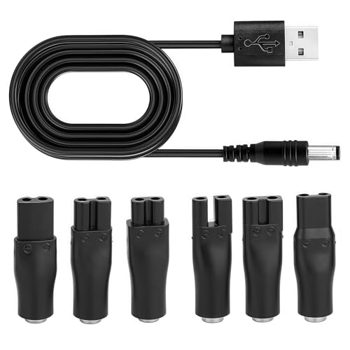 7Pcs Universal Shaver Charger Kit USB Power Cable with 6 Adapter Heads 5V Replacement Cord for Electric Shavers Beard Trimmers Hair Clippers Beauty Devices Travel or Home Use