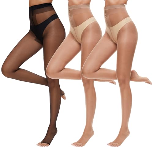 3 Pairs Toeless Pantyhose Tights for Women 10D Control Top Open Toe Pantyhose Sheer Tights