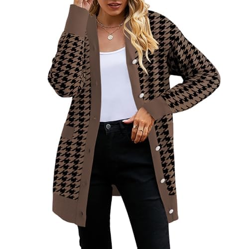 Pink Queen 2024 Fall Long Cardigan for Women Long Sleeve Open Front Button V Neck Houndstooth Cardigans Sweaters Dress Small Chestnut Brown
