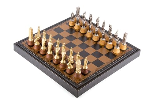 Coffret échecs Romains VS Barbares cuir noir et or, cadeau idéal