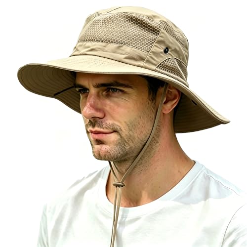 Sun Hats for Men Women Waterproof Wide Brim Bucket UPF 50+ UV Protection Foldable Outdoor Hiking Beach Fishing Safari Hat ﻿ Khaki