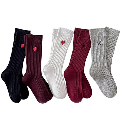 Socks for Girls Mid-Calf Love Bow Solid Crew Socks Ribbed Cuffs Novelty Girls Socks 5 Pairs