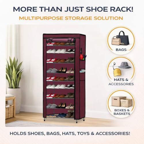 Image of Metal Shoe Stand with Cover, 9 Tier Shoe Organiser for Home & Office - Maroon