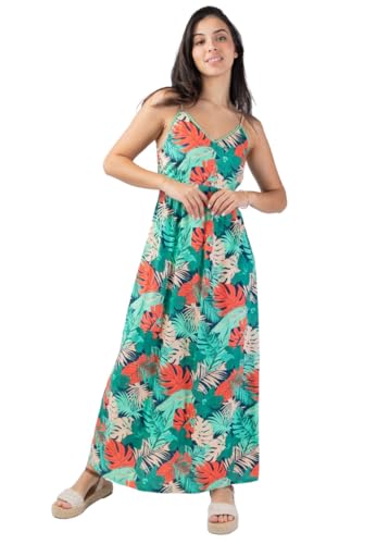 Robe longue fluide AMYNA pour rester fraîche en été grâce à l'imprimé tropical vert