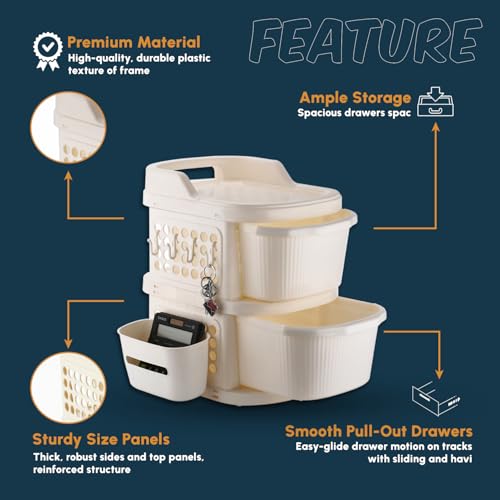 Image of JD FRESH 2 Tier Plastic Storage Drawer Cabinet with Wheels /Modular Storage Drawer Organizer with Side Basket & Integrated Handle /Plastic Storage Trolley Rack for Home /Kitchen /Office /Books - (Ivory)