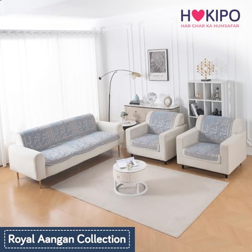 Image of HOKIPO Neel Baari Premium Chenille Jacquard Sofa Cover 5 Seater Set - Washable 3+1+1 Sofa Cover for Seat & Back | 'Royal Aangan Series' (IN-1008-L3*2 + IN-1006-L3*4)