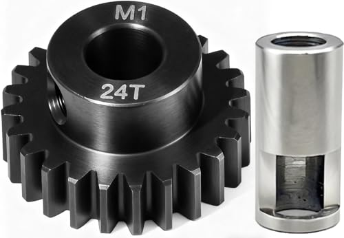Fraizoe RC 24T M1 8mm Steel Pinion Gear with 8mm to 5mm Adapter Shaft for Traxxas 1/5 X-MAXX 1/10 RC Car Buggy Truck, Available in 14T to 30T Mod 1 Motor Gear for Enhanced Performance and Durability