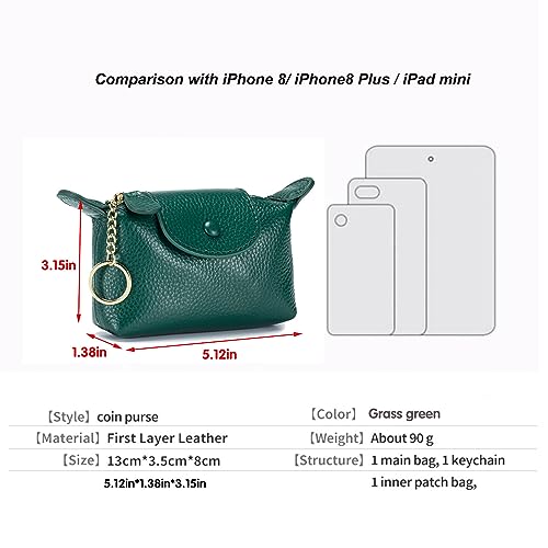 Image of Green Leather Mini Pouch, Zip Coin Wallet Holds Bills, Coins & Lipstick