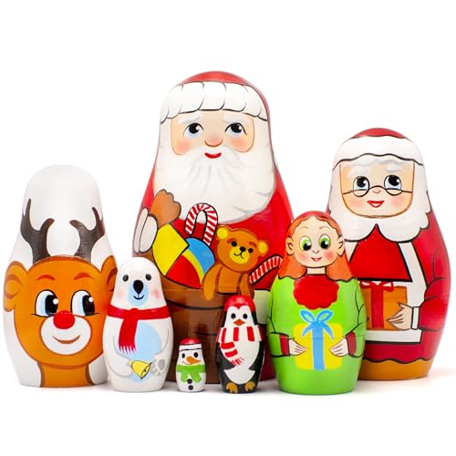 AEVVV Christmas Nesting Dolls Set 7 pcs - Santa Claus Figurines - Matryoshka Doll with Christmas Decorations Room Decor - Russian Nesting Dolls