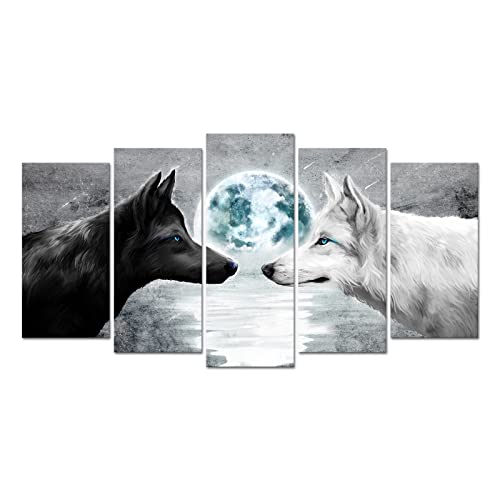 Welmeco 5 Pieces Black And White Wolves Painting Grey Blue Full Moon Seascape Picture Canvas Prints Gallery Wrapped Artwork Animal Wolf Poster For Living Room Modern Office Bedroom Wall Decoration (60X32) #TOP15
