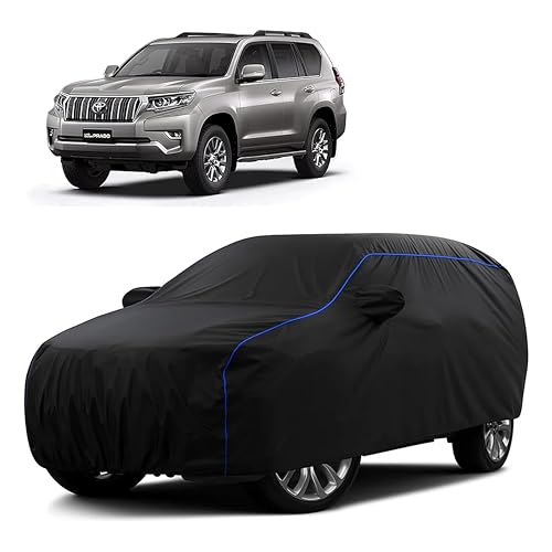 Image of Sulfar 100% Water Resistant Car Body Cover Compatible with Mirror for Toyota Land Cruiser Prado (Triple Stitched, Full Bottom Elastic, Black Tafetta with Blue Piping)