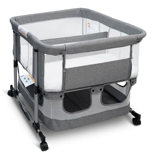 Cheermomo Twin Bassinet for 2 Babies Double Bassinet for Twins Rocking Bassinet with Wheels and Storage Basket Full-Mesh Sides 5-Height Adjustable Portable and Stable Baby Crib (Standard Grey)