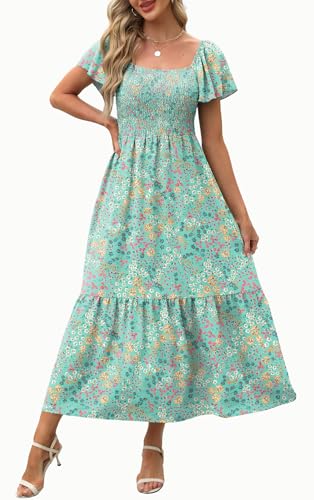 Image of OFEEFAN Summer Dresses for Women Square Neck Ruffle Sleeve Smocked Maxi Dress with Pockets