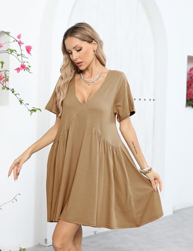 Image of Gozoloma Women Summer Short Sleeve Mini Dress Casual Loose V Neck Flowy Sundress Vacation Tshirt Sun Dress with Pockets