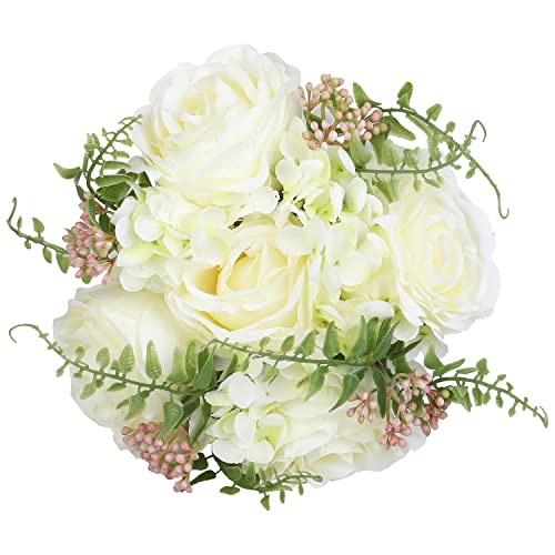 Mygift Scandinavian Design Apothecary Amber Bottle Glass Vase With Artificial Floral Arrangement Stemmed White Rose Bouquet, Tabletop Decorative Centerpiece Vase With Removable Flowers #TOP6