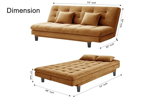 Image of 3-Seater Velvet Sofa Cum Bed, Tufted Convertible Sleeper Couch, Space-Saving Design, Comfortable Cushioned Seating - Golden