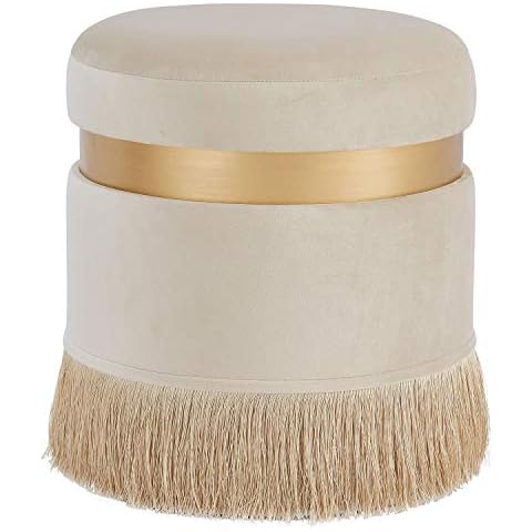 New Pacific Direct Suri Velvet Fabric Fringe Round Storage Ottoman, Serene Cream Cover