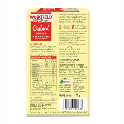 Image of Weikfield Custard Powder | Kesar Pista Flavour | Makes Smooth & Creamy Custard | Contains Quality Ingredients | Best For Fruit Salads & Puddings | 100% Vegetarian | 75g Carton