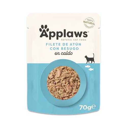 Applaws Comida Húmeda para Gatos 100% Natural con Filete de Atún y Besugo en Caldo para Gatos Adultos - 12 Sachets de 70g