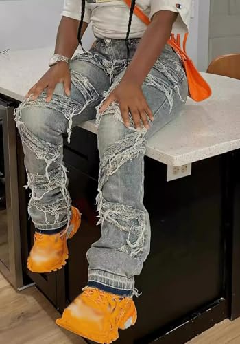 Women's Y2K Fashion Jeans Distressed Frayed Belt Trim Novelty Denim Pants4