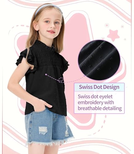 Girls Ruffle Short Sleeve Blouse Pleated Crewneck Shirt Summer Cute Swiss Dot Tops 5-14 Years4