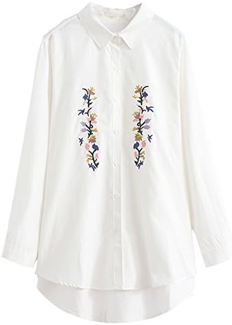 HOOBEE LINEN Women's Roll Up Sleeve High-Low Hem Floral Embroidered Shirt Top with Pockets