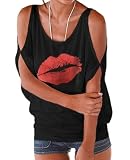 Miselon Cold Shoulder Red Lips Printed Tops Short Sleeve Casual Summer Shirt Blouses Red Lip L
