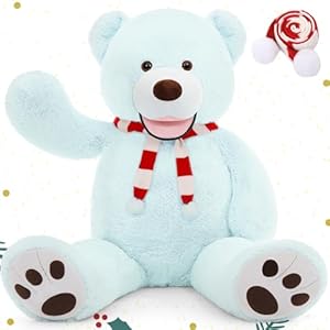 MorisMos Kerst blauwe teddybeer 100 cm XXL, grote teddybeer met kattenprint, cadeau, pluche knuffeldier, enorme teddybeer, zacht speelgoed, 1 m