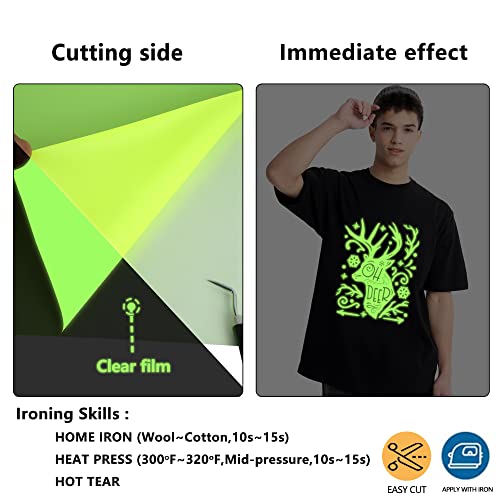 Image of HTVVETUR Glow in The Dark HTV Heat Transfer Vinyl Roll 12 Inch by 5 Feet Iron on DIY for T-Shirt PU Stretch Elastic HTV Vinyl (Dark in Glow Yellow, 5FT)