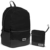 Foldable Backpack for Traveling and Outdoor Sports by Dot&Dot - Lightweight, Waterproof, Ultra Durable Nylon Knapsack with 2 Drink Bottle Compartments and Front Pocket - Best for School, Office | Black Packable Travel Bag for Clothes, Books, Notebooks, Laptops