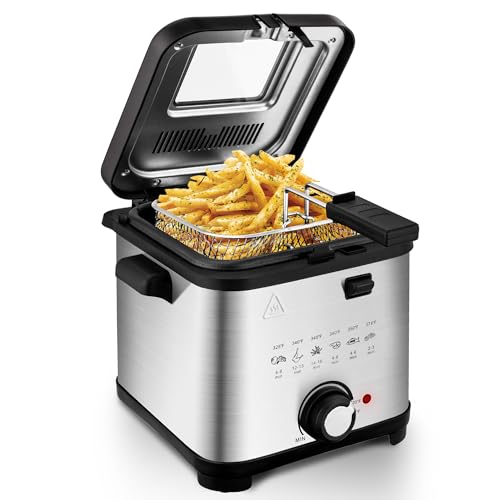 Image of SUSTEAS 1.5 Liter /1.35QT Electric Deep Fryer, 900W, Timer Control, Adjustable Temperature, Lid with Viewing Window and Removable Frying Basket, Stainless Steel, Perfect for Kitchen, French Frie