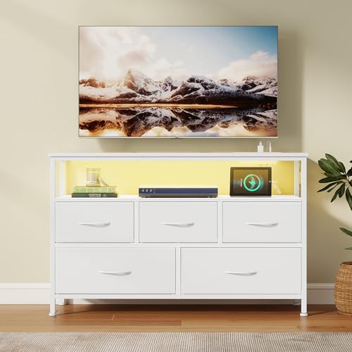 SONGMICS BELLAH Collection - Commode Chambre, Meuble de Rangement, Éclairage LED Réglable, Multiprise, 1 Étagère, 5 Tiroirs, Style Moderne, Blanc Nuage...