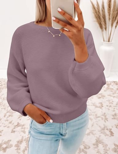 Image of ZESICA Women's Crew Neck Long Lantern Sleeve Fall 2026 Casual Loose Ribbed Knit Solid Soft Pullover Sweater Tops