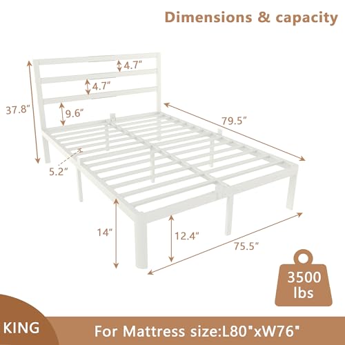 Image of 14 Inch King Bed Frames, Metal Bed Frame with Head Board, No Box Spring Needed, Heavy Duty Steel, Anti-Slip Mattress Stoppers, Noise Free, Round Corner Legs, Easy Assembly, White