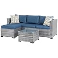 Shintenchi Patio Furniture Sets 3 Pieces Outdoor Sectional Sofa Silver All-Weather Rattan Wicker Sofa Small Patio Conversation Couch with Washable Cushion and Glass Table(Aegean Blue)