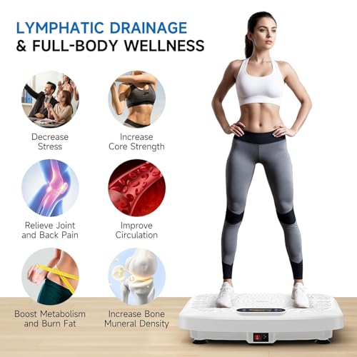Vibration Plate Exercise Machine Weight Loss, Full Body Workout Vibration Plate Lymphatic Drainage, 199 Adjustable Speeds Power Shaping Vibrating Plate 450 Lbs Capacity Fitness Platform White