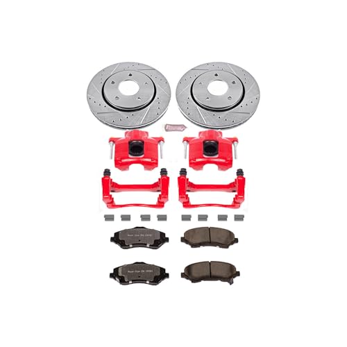 Image of PowerStop Front Brake & Caliper Kit for Chrysler Town & Country 2008-16 |Dodge Grand Caravan 2008-16 - Drilled & Slotted Disc Rotors + Z36 Brake Pads + Red-Powder Coated Calipers, KC3118-36