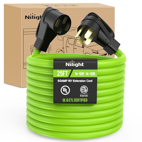 Image of Nilight 25FT 50 Amp RV Extension Cord 250V Heavy Duty 6 /3+8 /1 Gauge Pure Copper STW Wire UL ETL Listed 4 Prong 14-50P 14-50R Weatherproof Suit for EV Trailer Campers Bright Green