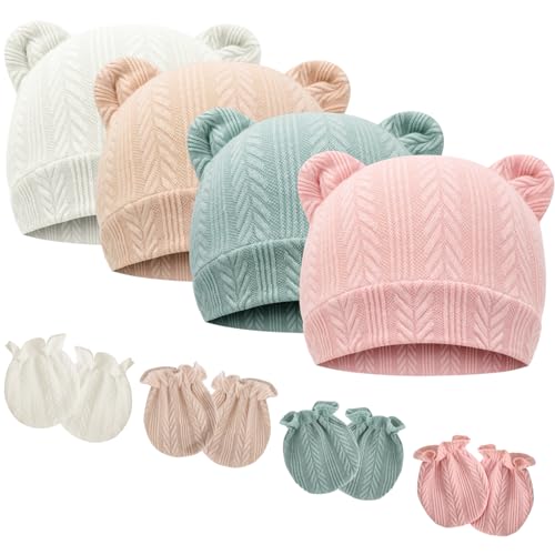 Image of BQUBO Newborn Baby Hats Bear Ears and Mittens Sets Preemie Caps Baby Boy Girl Infant Hospital Beanie for 0-3 Months